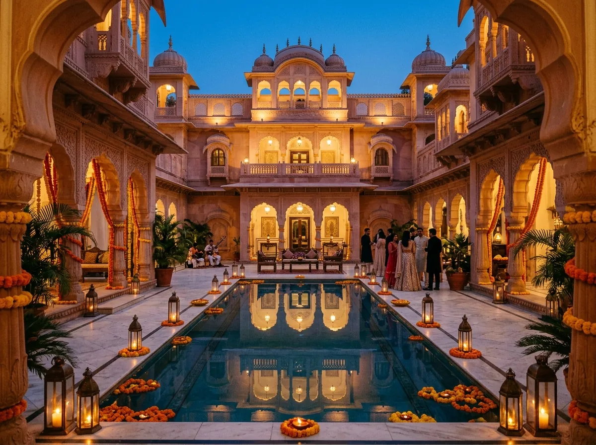 Majestic royal heritage palace hotel courtyard in Jaipur with carved sandstone arches and illuminated reflective pool.
