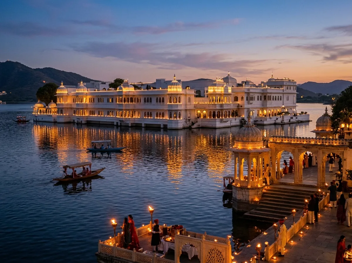 White marble palace floating on Lake Pichola in Udaipur with twilight reflections.